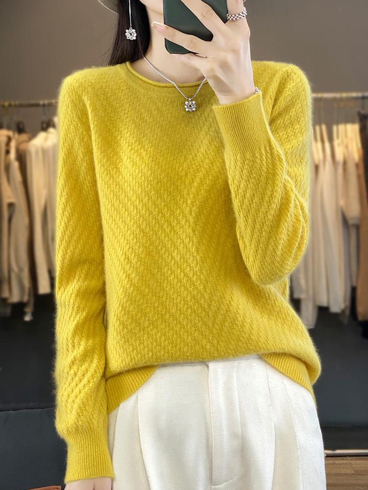 Women's Round Neck Solid Jacquard Wool Pullover Sweater - Autumn/Winter Casual Knitted Top