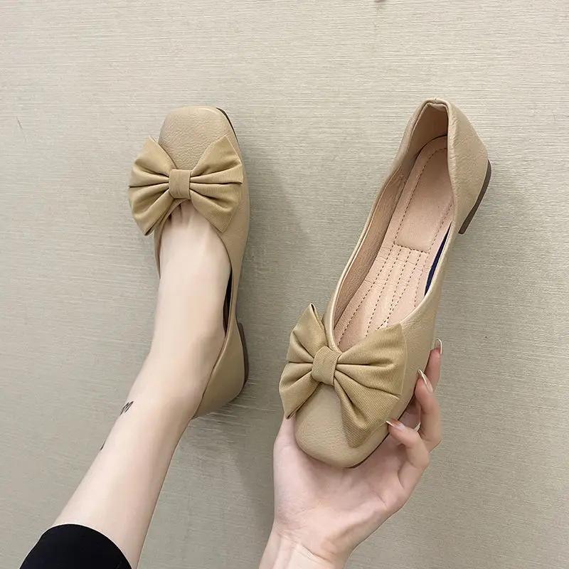 Fashion Women's Flat Shoes Square Toe Low Heel Elegant Ladies Footwear with Bow Dress Popular Stylish Cheap Clearance Korean Style Shoe