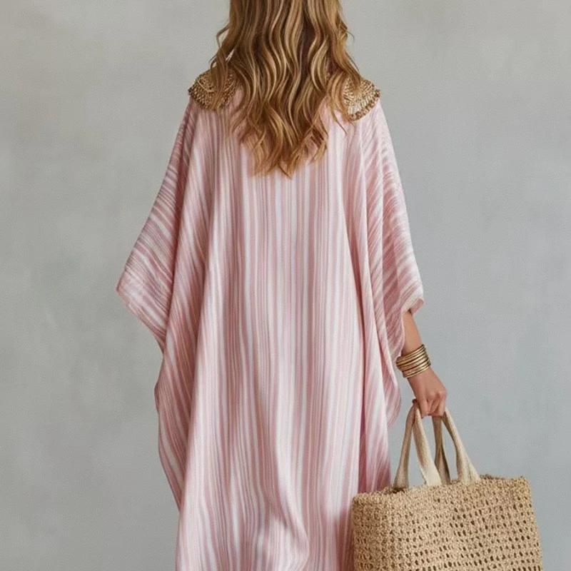 Women Striped V-Neck Loose Dress Elegant Casual Stylish Half-Sleeved Ankle Dress Female Outdoor Vacation Style Beach Dress