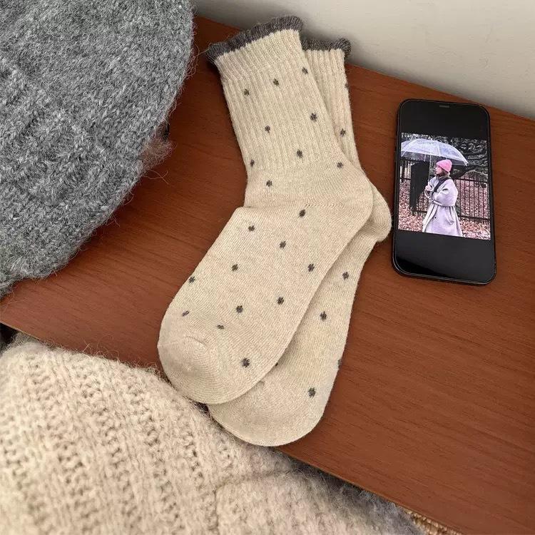Polka Dot Wool Socks Children'S Autumn And Winter Gray Medium Tube Socks Thickened Warm Cashmere Cotton Socks Retro Lace Tube Socks
