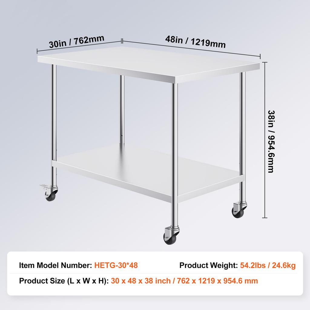 SucceBuy Stainless Steel Work Table with Wheels 3 Adjustable Height Levels Heavy Duty Food Prep Worktable for Commercial Kitchen