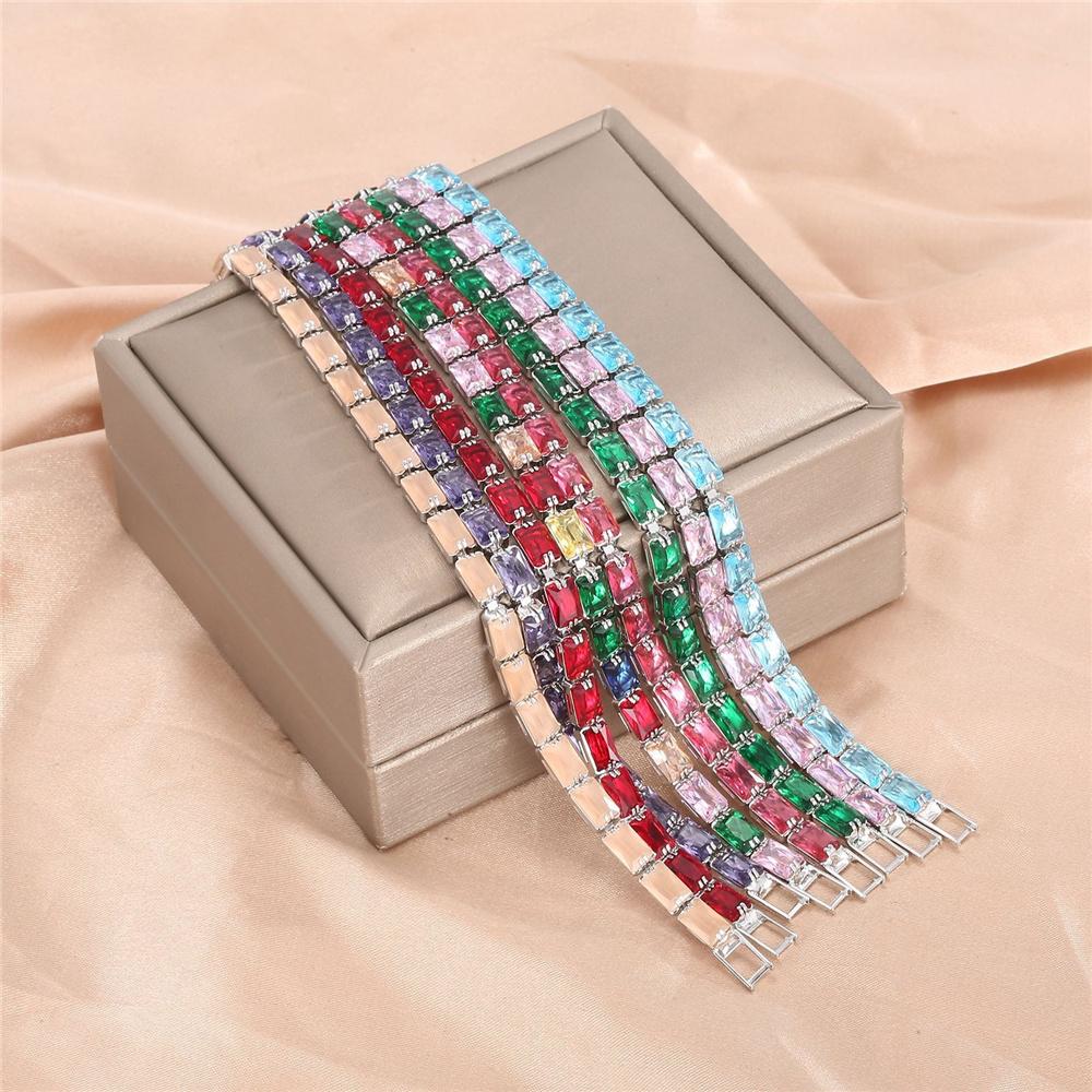 Charm Female Rose Red Blue Green Purple Pink Champagne Zircon Stone Bracelet Cute Silver Color Wedding Jewelry For Women
