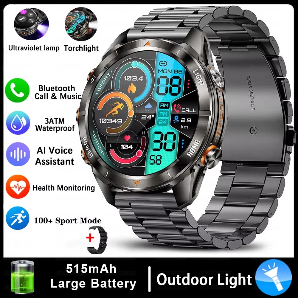 New Sport Smart Watch Men 1.46" AMOLED Screen LED 10ATM Waterproof Flashlight 515mAh Battery Heart rate BT Call Smartwatch