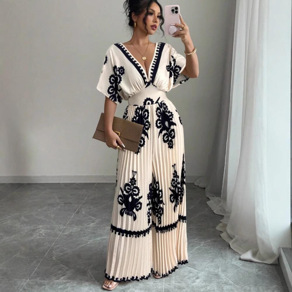 Women Boho Floral Print V Neck Batwing Sleeve Pleated Wide Leg Jumpsuit S абрикосовый