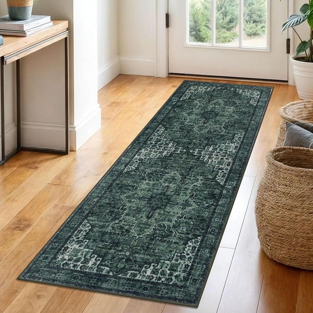 Green Non-Slip Washable Kitchen Runner, Vintage Boho Runners Printed Rug with Non-Shedding, Soft Medallion Floor Carpet for