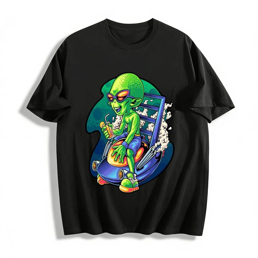 Trendy Alien Vacationer Fun Print Casual Short Sleeve T-Shirt Pure cotton T-shirt