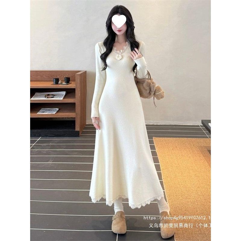 French temperament collar lace flower knitted dress women's clothing beautiful autumn and winter waist slim long skirt