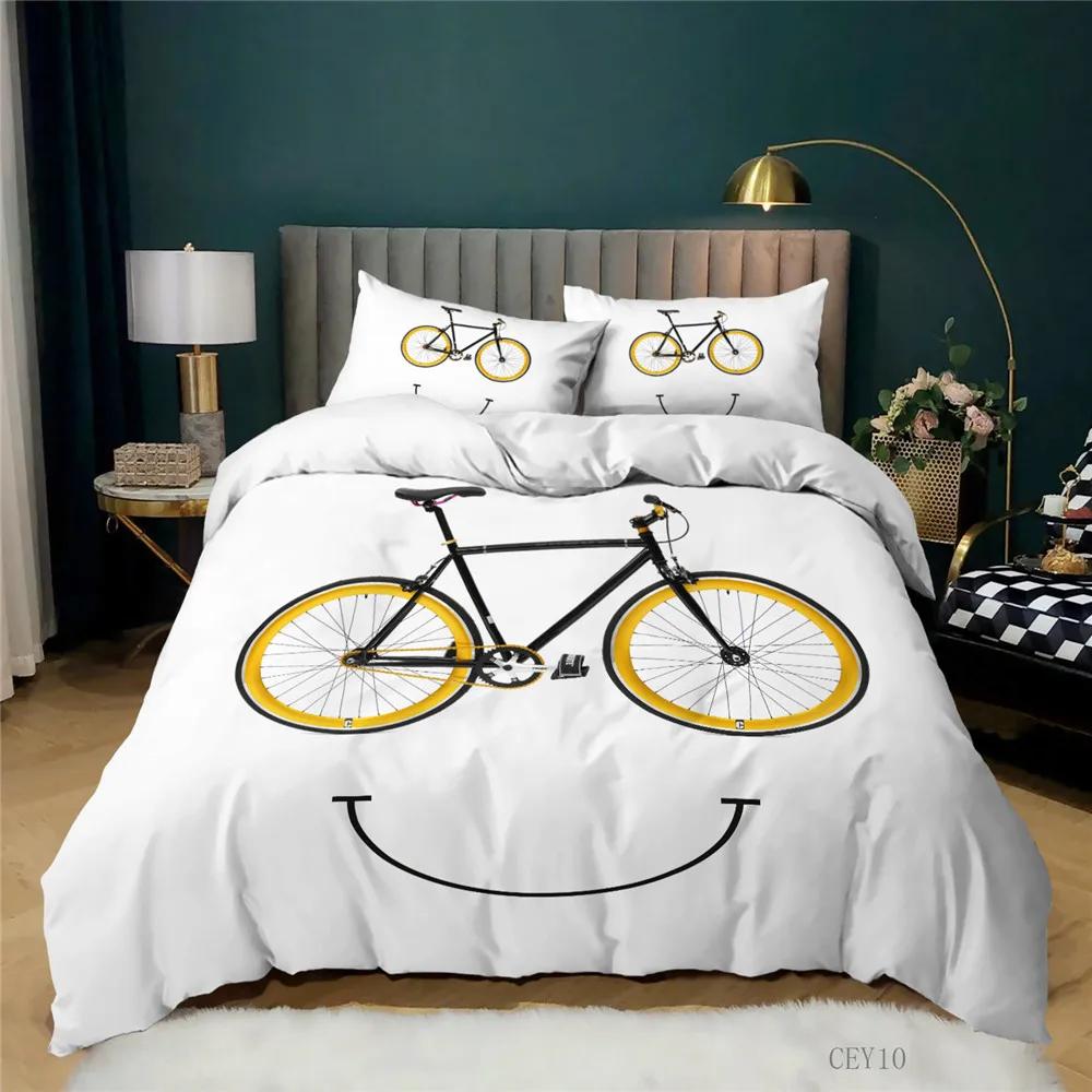 Print Orange Bike Bedding Set Adults Kids Winter Duvet Cover With Pillowcases Luminous Bicycle Pattern Bedroom Comforter Cover