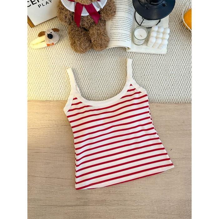 With chest pad, Spice Girl style contrasting color striped u-neck suspender vest women's summer slim back sleeveless casual top