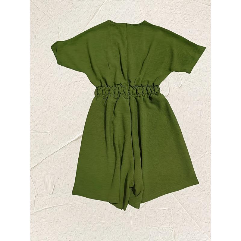Solid V Neck Romper, Elegant Short Sleeve Shirred Waist Jumpsuit For Spring & Summer, Women's Clothing