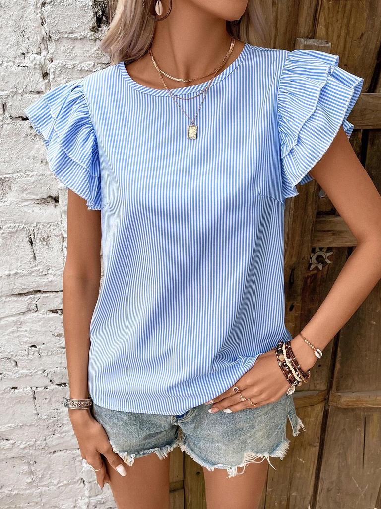 2026 European & American Summer Women's Striped Ruffle Sleeve Top