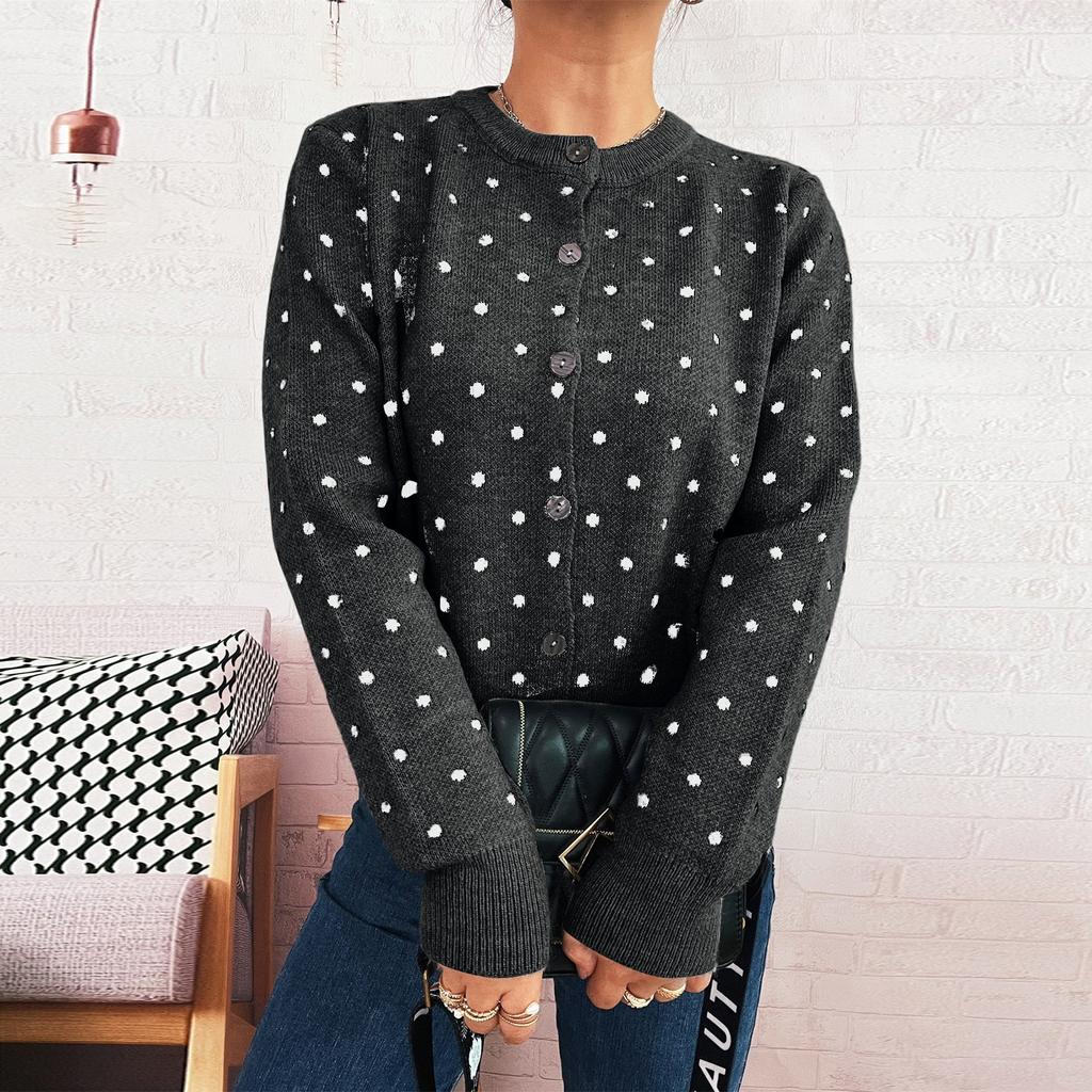 Women's Fashionable Casual Loose And  Polka Dot  Round Neck Long Sleeved Knitted Cardigan Sweater Jacket