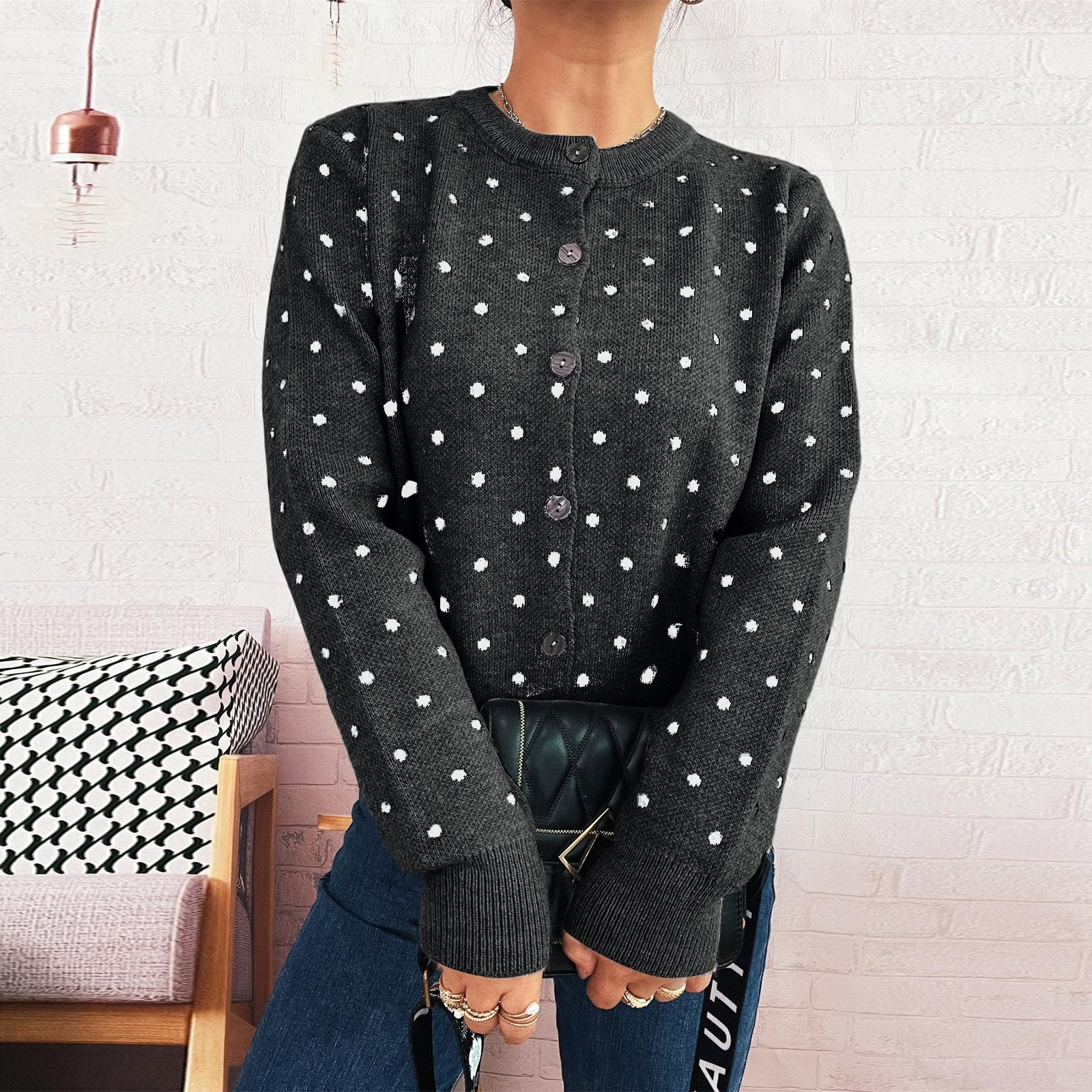 

Женский модный повседневный свободный вязаный кардиган-свитер-жакет с круглым вырезом и длинными рукавами в горошек M чёрный