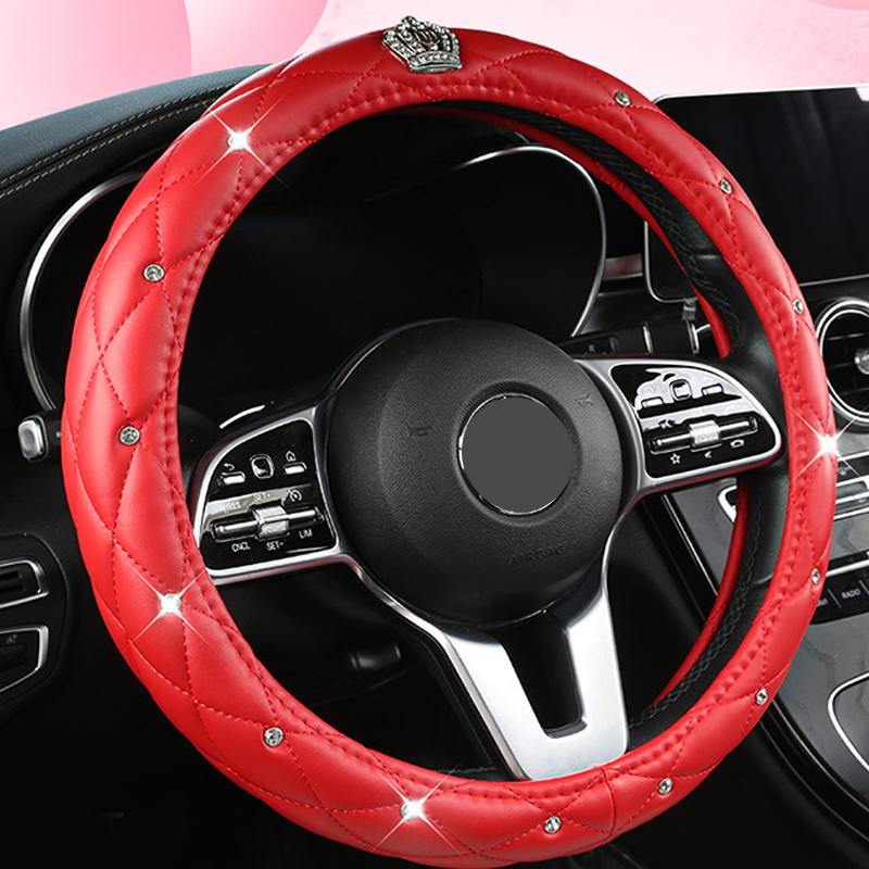 

Чехол на руль автомобиля из искусственной кожи, Роскошный значок с короной из бриллиантов и стразов, универсальные аксессуары, автомобильный интерьер для женщин 7