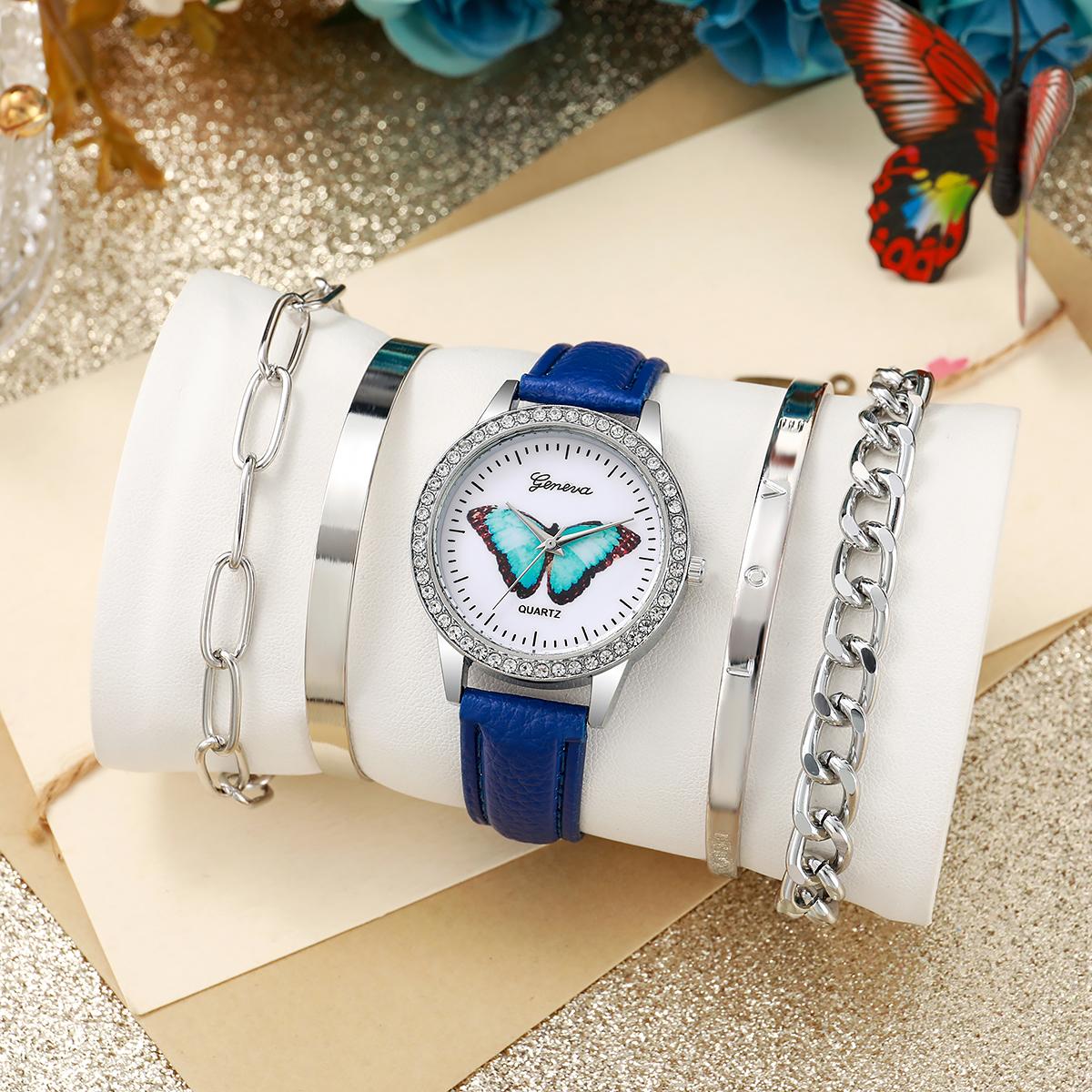 

No gift box small dial leisure women s watch leather strap simple quartz female watch bracelet necklace 5 piece set синий