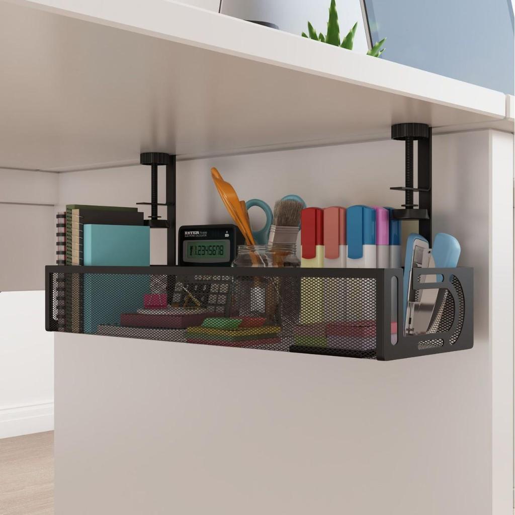 Punch-Free Retractable Under-Desk Cable Management Shelf and Storage Rack