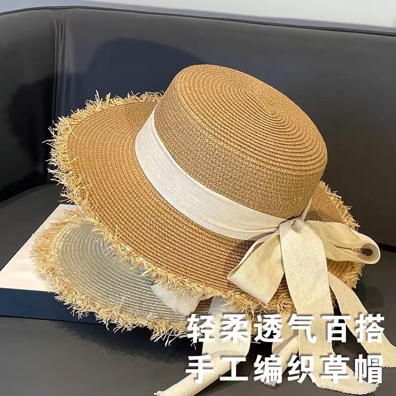 Korean version of bow straw hat women's 2025 big eaves travel versatile straw woven sunscreen visor flat top top hat
