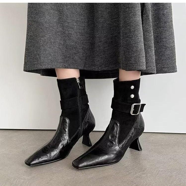 Fashion Aphixta High Heels Women Ankle Boots Elegant Metal Decoration Woman Modern Boot Side Zipper Sexy Soft Leather Women's High Boots