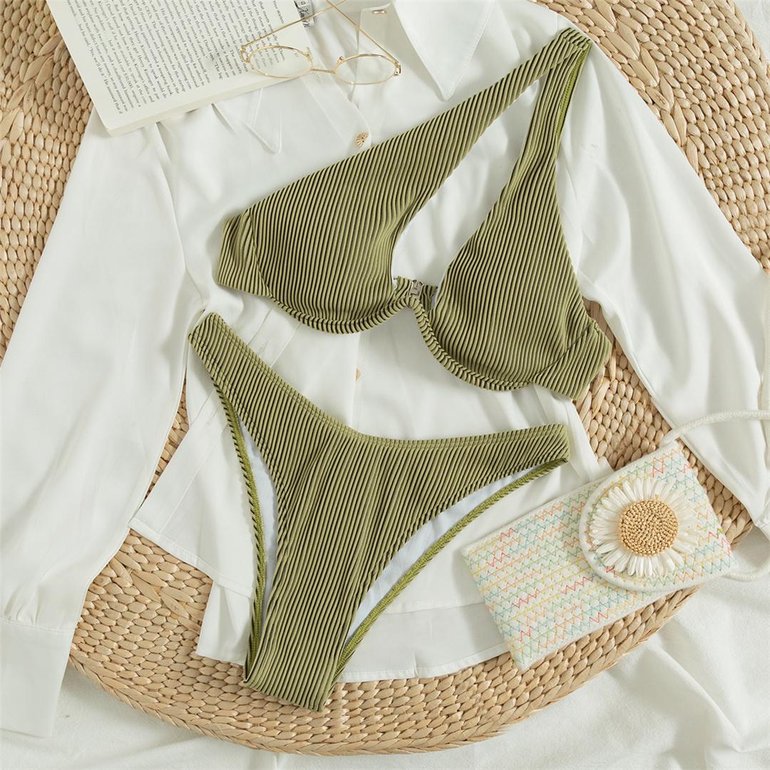 

Асимметричный купальник бикини в рубчик на косточках, женский купальник, женский купальник из двух частей, комплект бикини, купальный костюм, купальный костюм для женщин S зелёный