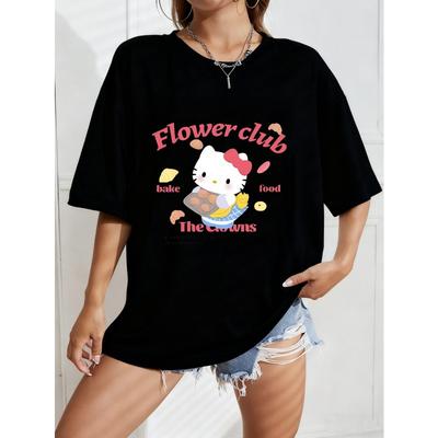 Biele Oversized Tričko S Potlačou Hello Kitty Kvetinový Klub Pečenie Jedla Koruny Na Bežné Nosenie A Každodenné Oblečenie