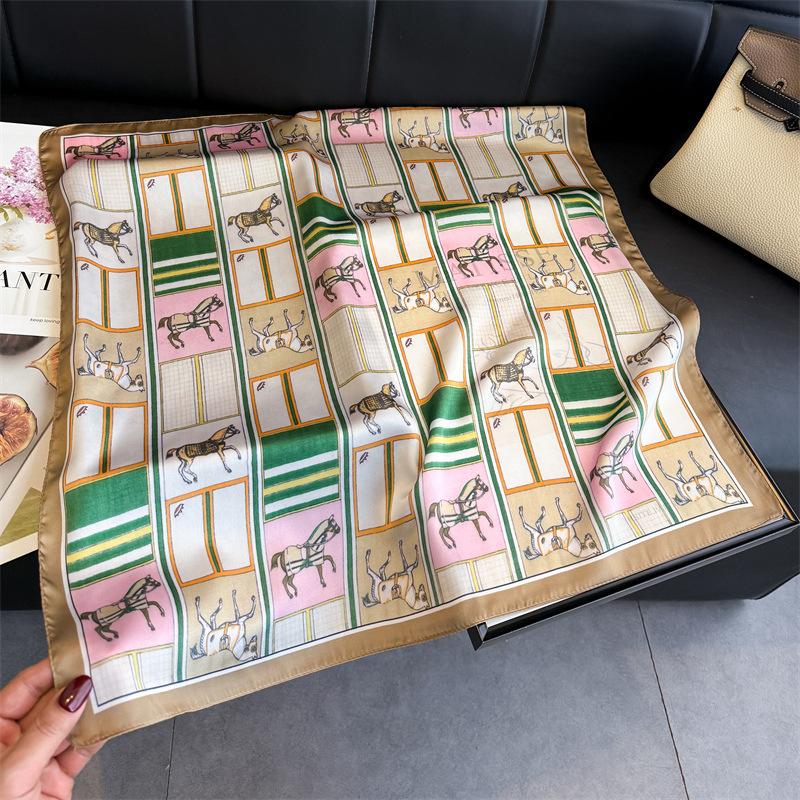 Vintage Equestrian Printed Silk Like Women S Square Scarf For Sun Protection 66*70cm