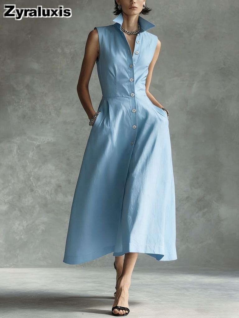 New Summer Fashion Casual Stand Collar Chic Trendy Button Women's Dress