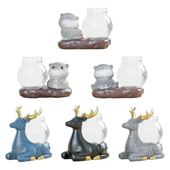Tierfigur mit Vase, Teetisch, Mini-Blumenvase, Keramik, Hirsch und Katze mit Hydrokultur-Pflanzgefäß aus Glas für Zuhause, Schlafzimmer, Wohnzimmer, Dekoration