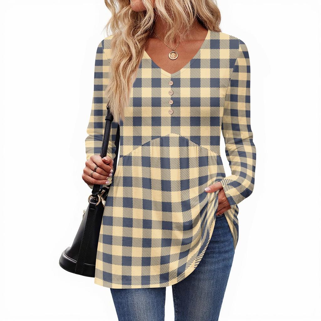 Women's Casual Fashion V-Neck Button Plaid Long Sleeve Top