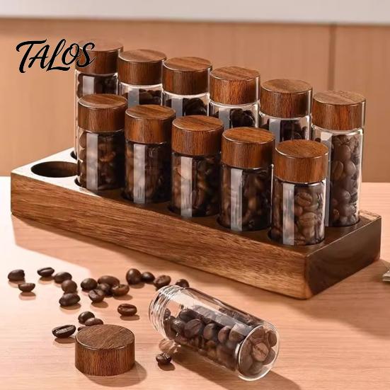 Talos Glass Mini Storage Jar, with Wood Lid, Moisture Proof Portable Small Container, for Coffee Beans Tea Sugar Spices Kitchen Organizer