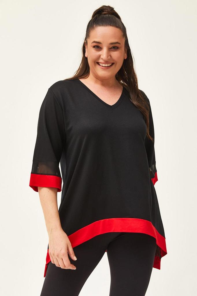 Women's Big Size Blouse Plus Size Black-Green Blouse with Tulle Detail On Sleeves and Skirt