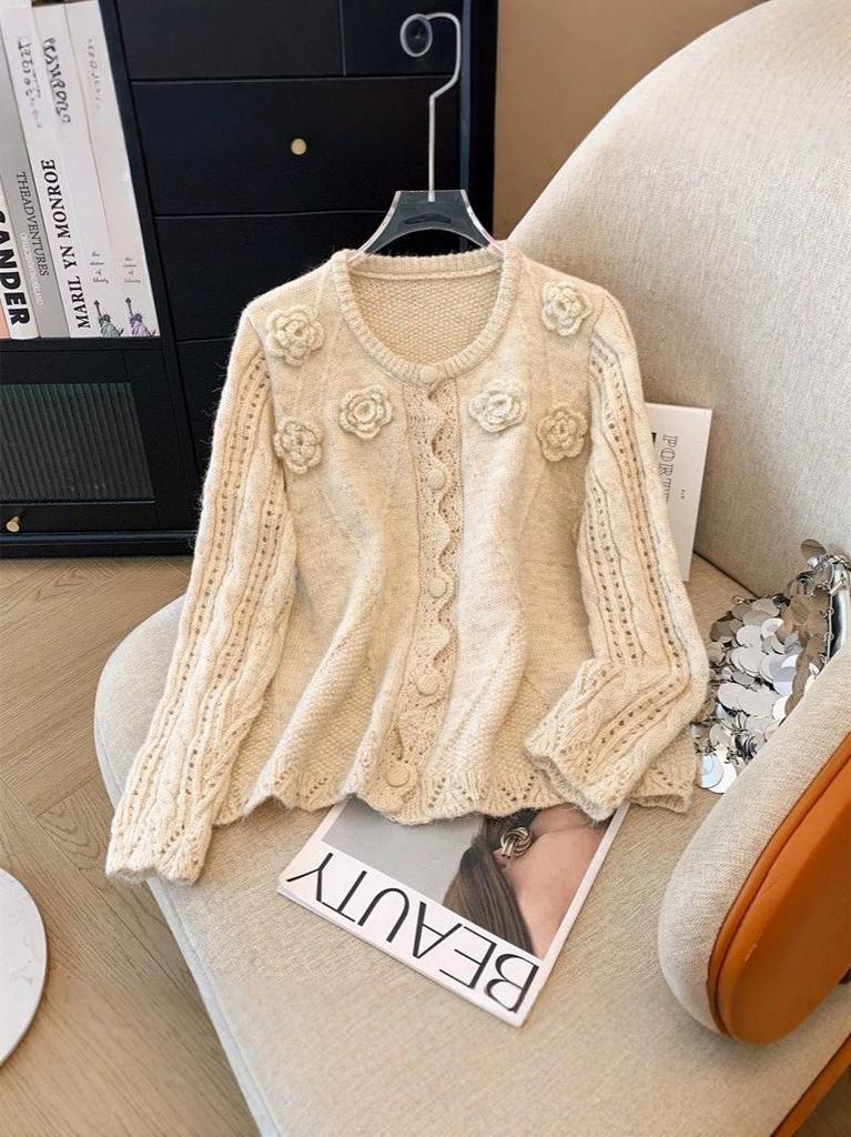 Korean Style Age-Defying Cardigan with 3D Floral Design - Autumn/Winter 2026