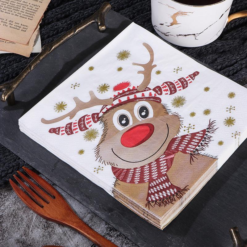 Christmas Reindeer Snowflake Square Paper Napkins - Food Grade Soy Ink, Disposable