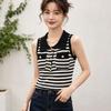 Fashionable Gold Buttoned Striped Sleeveless Summer Sexy Off-shoulder Cool Lightweight Knitted Top for Women