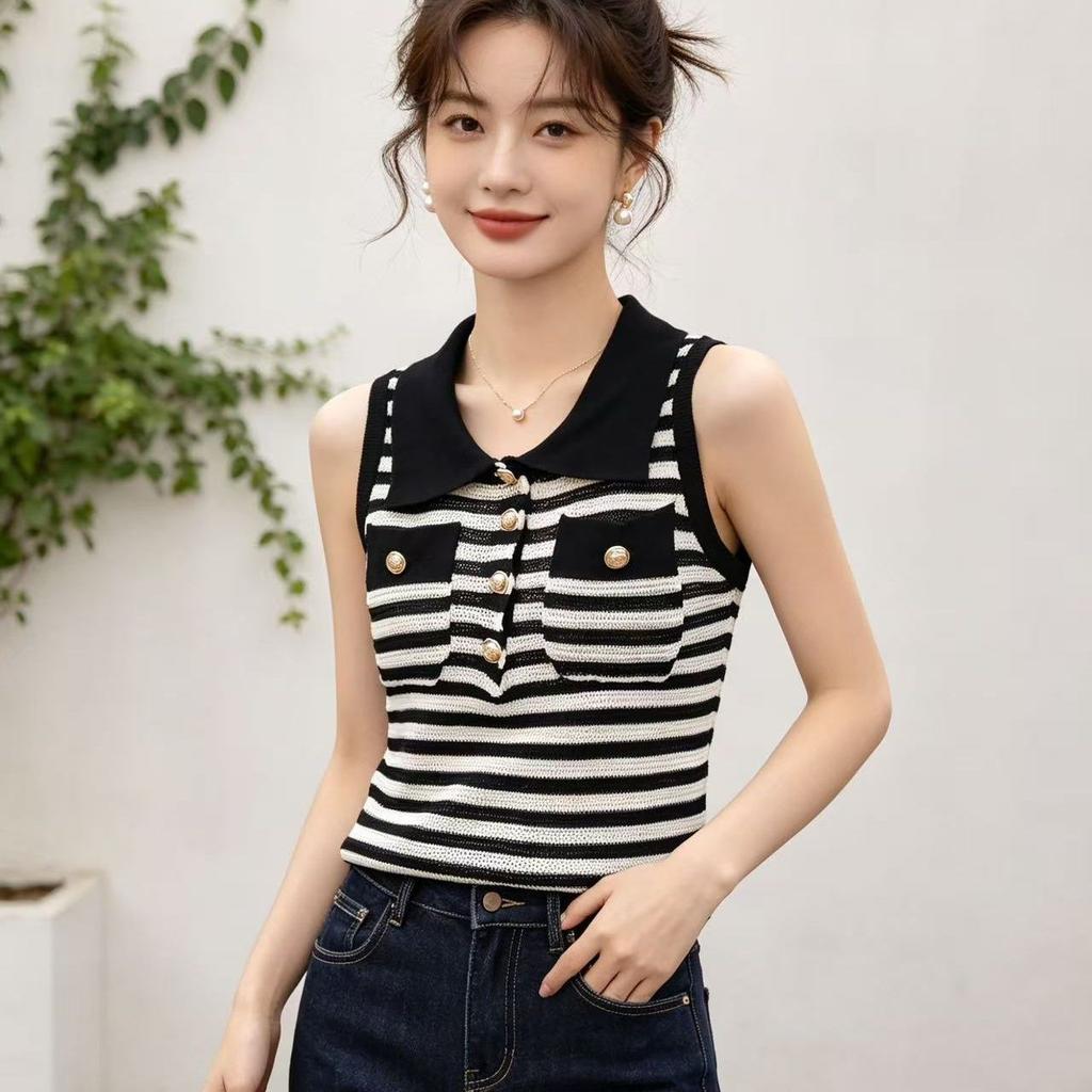 Fashionable Gold Buttoned Striped Sleeveless Summer Sexy Off-shoulder Cool Lightweight Knitted Top for Women