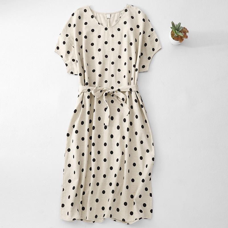

Весна и лето 2025 новый ретро высококачественный в горошек хлопок и лен платье для женского свободного и тонкого V-образного выреза с коротким рукавом А-силуэта длинное платье 2XL