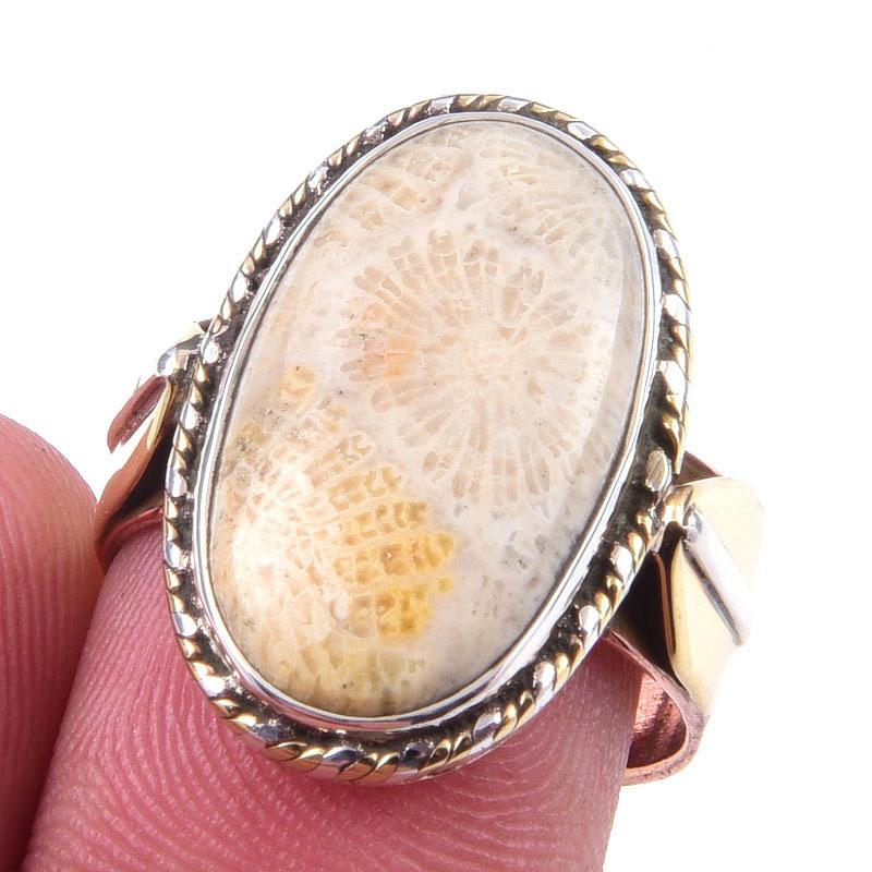 

Natural Fossil Coral Gemstone 925 Sterling Silver Two Tone Ring Size 7.5 V5G58