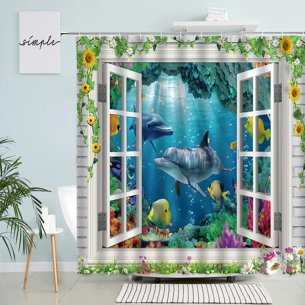 Dolphin Shark Shower Curtain Coral Tropical Fish Sea Turtle Underwater World Landscape Modern Children Bathroom Curtains Decor
