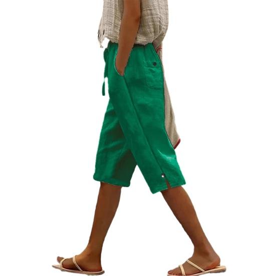 

Cropped Pants Breathable Fabric Loose Fit Straight Leg Mid-calf Trousers with Pockets Side Slits Button Detail Summer Pants Casual Wear M зелёный