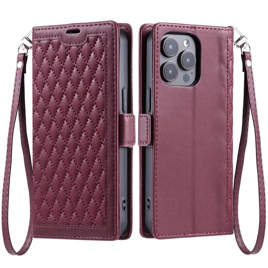 

Purse Flip Leather Phone Case for iPhone 17 16 Pro Max 15 16E 14 13 12 11 XS XR SE 2026 8 7 Plus Wrist Strap Wallet Cover Etui iPhone17 Pro Max вина червоного кольору