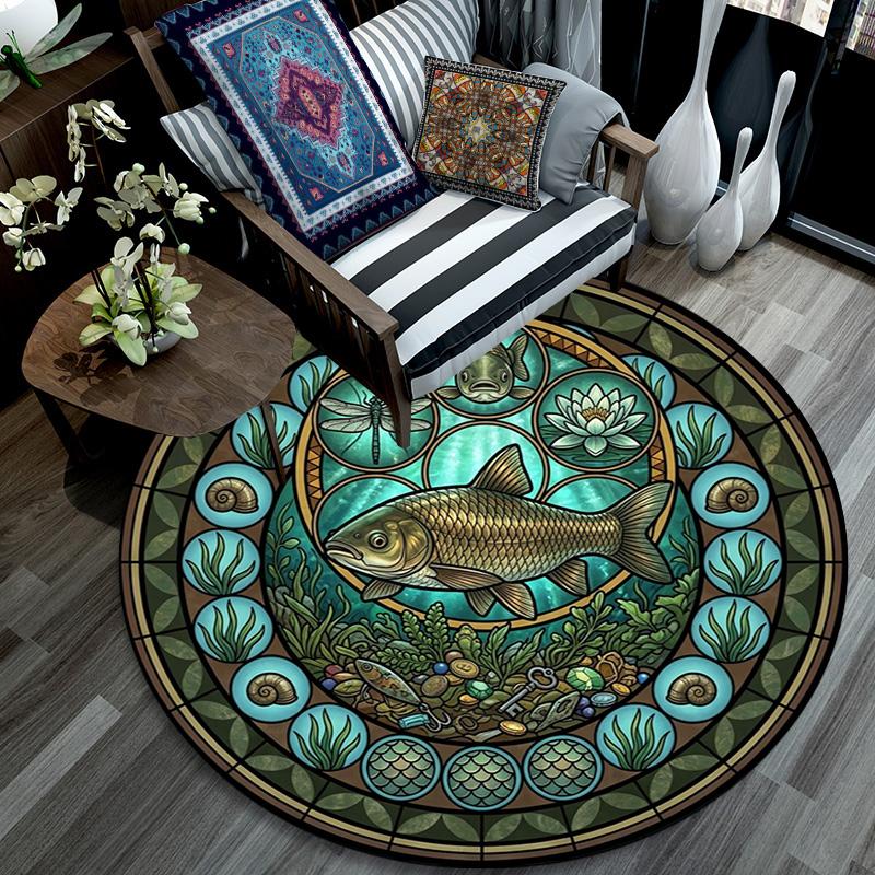 Fish Insects Nature Round Area Rug Under Office Chairs Bedroom Living Room Home Decor