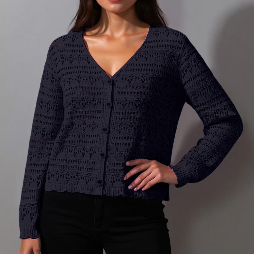 Women's Loose V-neck Hollow Out Versatile Knitted Long Sleeved Cardigan Top