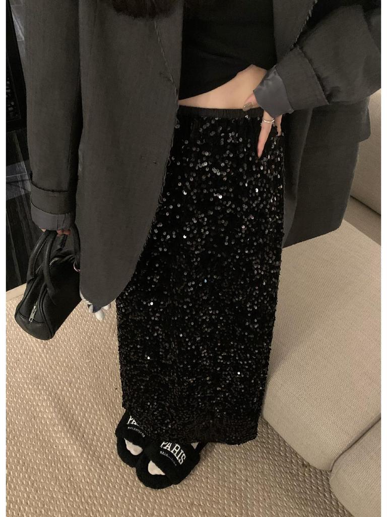 2026 Early Spring/Autumn Korean Velvet Sequin Midi Skirt