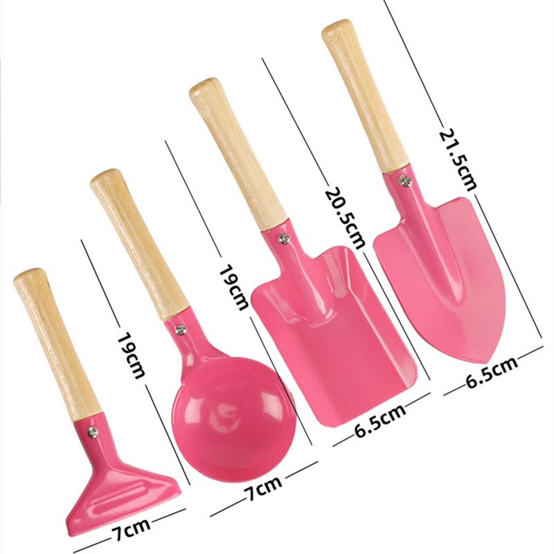 

5-Piece Kids Beach Toy Set - Metal Tools with Wooden Handles (Shovel Rake Fork Spoon Trowel) Durable Sand Play & Gardening Kit
