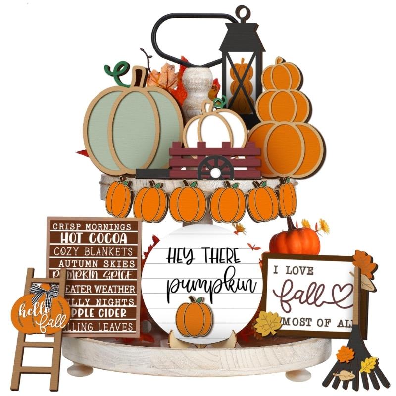Set of 15 Fall Tiered Tray Decors Autumn Wood Sign Rustics Farmhouse Decors Table Centerpieces for Home Decorations