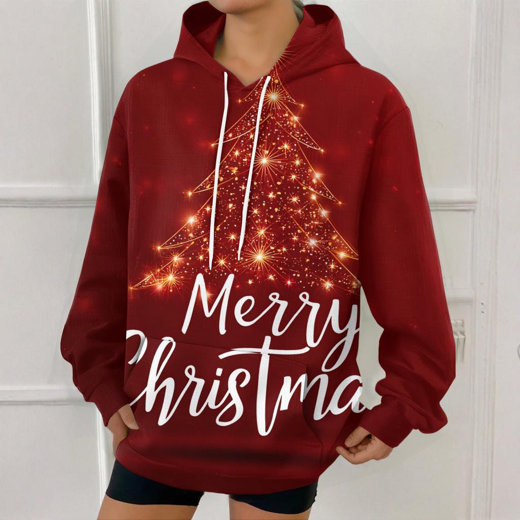 Women's Fashion Sweatshirt Christmas Print Casual Hooded Sweatshirt With Pockets