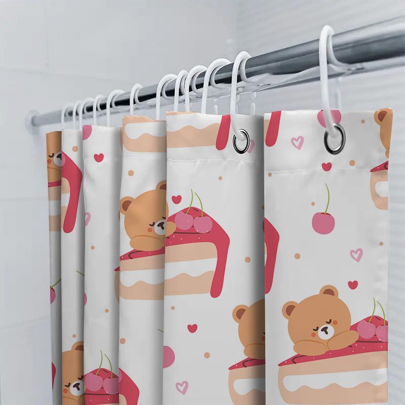Whimsical Animal Print Shower Curtain For Bathroom Decor Pink Cake With Bear Design Set Includes Rod Rings For Home Use
