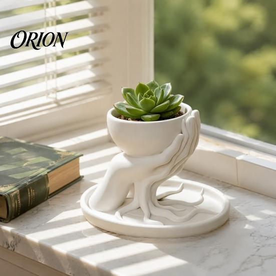 Minimalist PLA Resin Flower Pot 3D Printed Palm Shaped Succulent Planter with Drainage Tray, Holding Stable Base Small Indoor Mini Pot, Desktop Plant