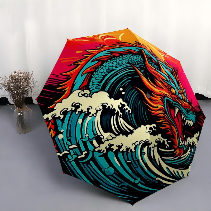 1pc Dragon, Ocean Waves Automatic Open/close, All-Season Portable Folding Umbrella for Friends, Travel, Everyday Yy250812140
