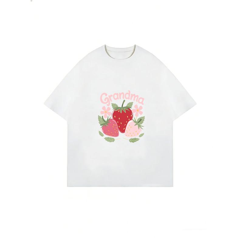 White T-Shirt Grandma Strawberry And Flowers Print Casual Summer Outfit For Women