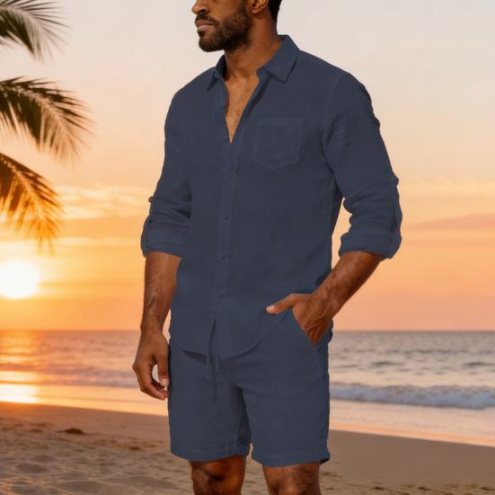 Men Long Sleeve Shirt Turndown Collar Button-Down Shirt Loose Fit Solid Color Shirt for Summer Beach Vacation Travel
